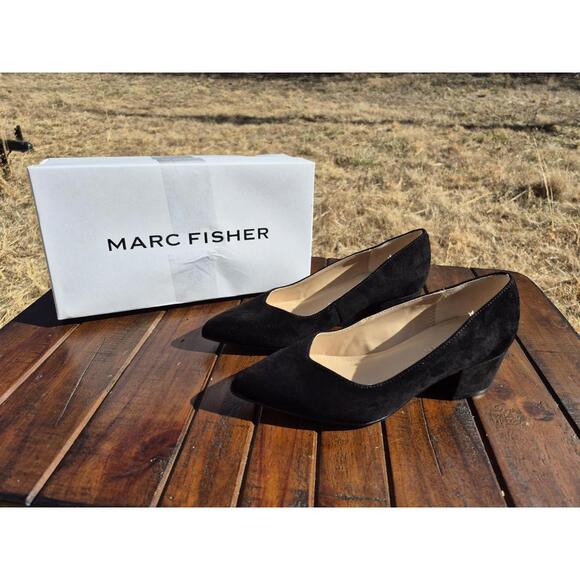 Marc Fisher Black Suede Low Block Heel Labore Pumps Pointed Toe Size 6 Wide $99 - Picture 2 of 9